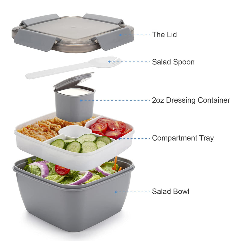[Australia - AusPower] - Freshmage Salad Lunch Container To Go, 52-oz Salad Bowls with 3 Compartments, Salad Dressings Container for Salad Toppings, Snacks, Men, Women (Grey) Gray 