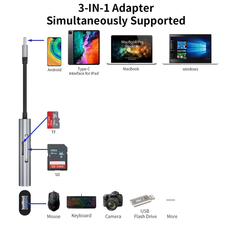 [Australia - AusPower] - USB C SD Card Reader Micro SD Viewer 3-in-1 Card Reader for iPad Pro USB-C to USB / SD / TF Card Adapter for MAC Simultaneous Reading Trail Cameras Viewer for Android 