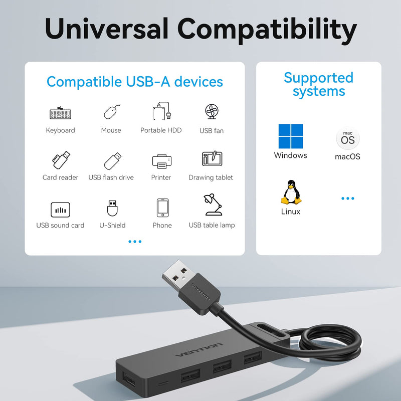 [Australia - AusPower] - VENTION USB Hub 2.0, 4-Port USB Splitter Multi USB Port Expansion for Laptop PC MacBook Surface Pro Flash Drive Mobile HDD 3FT USB 2.0 