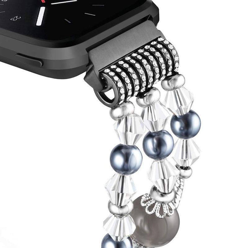 [Australia - AusPower] - Anjoo Bands Compatible with Fit bit Versa/ Versa Lite Edition, Fashion Jewelry Elastic Stretch Pearl Smartwatch Bracelet Replacement Women Girls Strap Bands - Black, 6.8"-8.0" Black/ Grey Large:6.8-8.0 