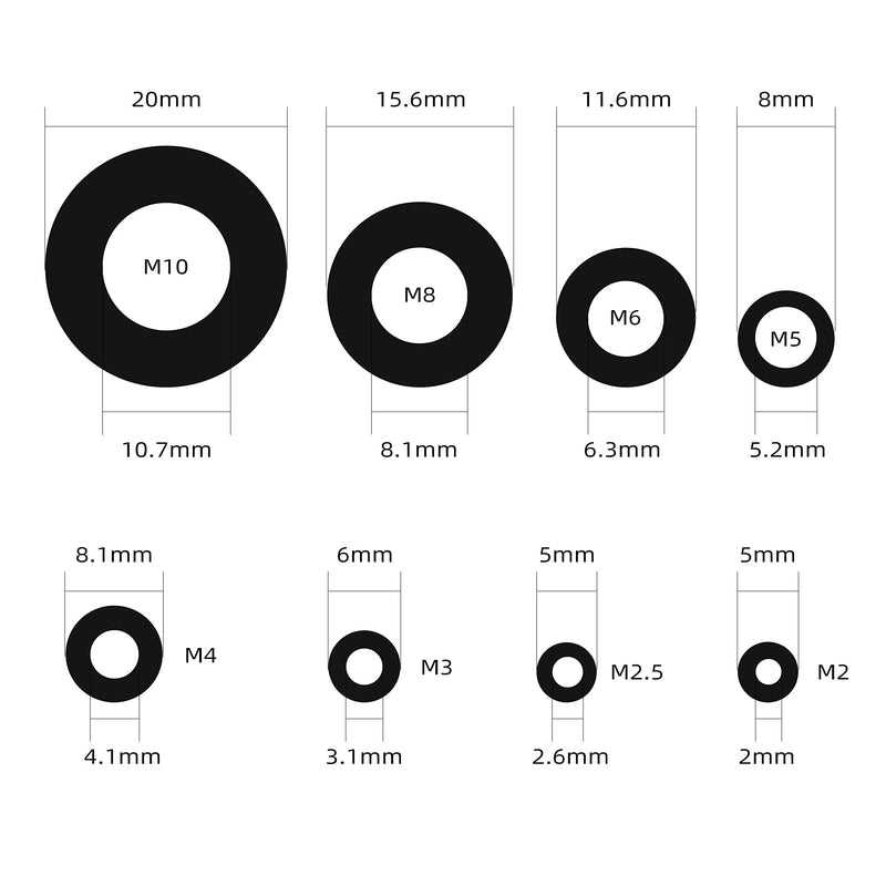 [Australia - AusPower] - QTEATAK 510 Pcs Black Nylon Flat Washer Assortment Kit for Electrical Connections on Household & Commercial Appliances, (M2 M2.5 M3 M4 M5 M6 M8 M10) 