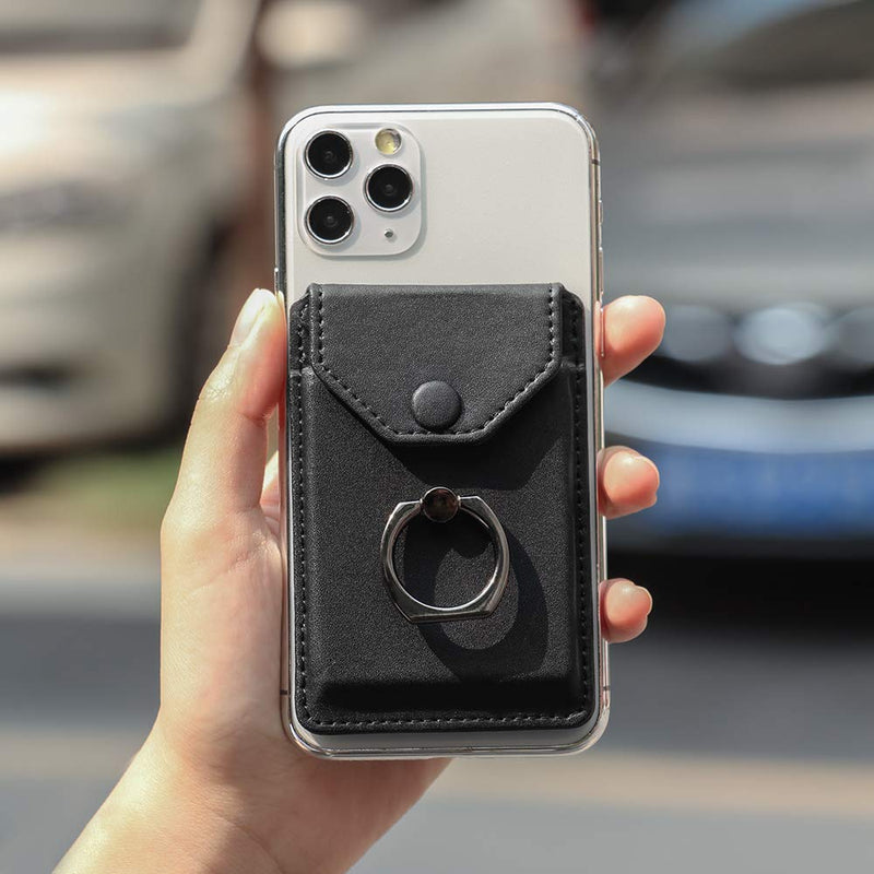 [Australia - AusPower] - YUNCE Ring Stand Stick on Wallet Cell Phone Slim Leather Wallet Stick on Wallet Credit Card RFID Blocking Sleeve Black 
