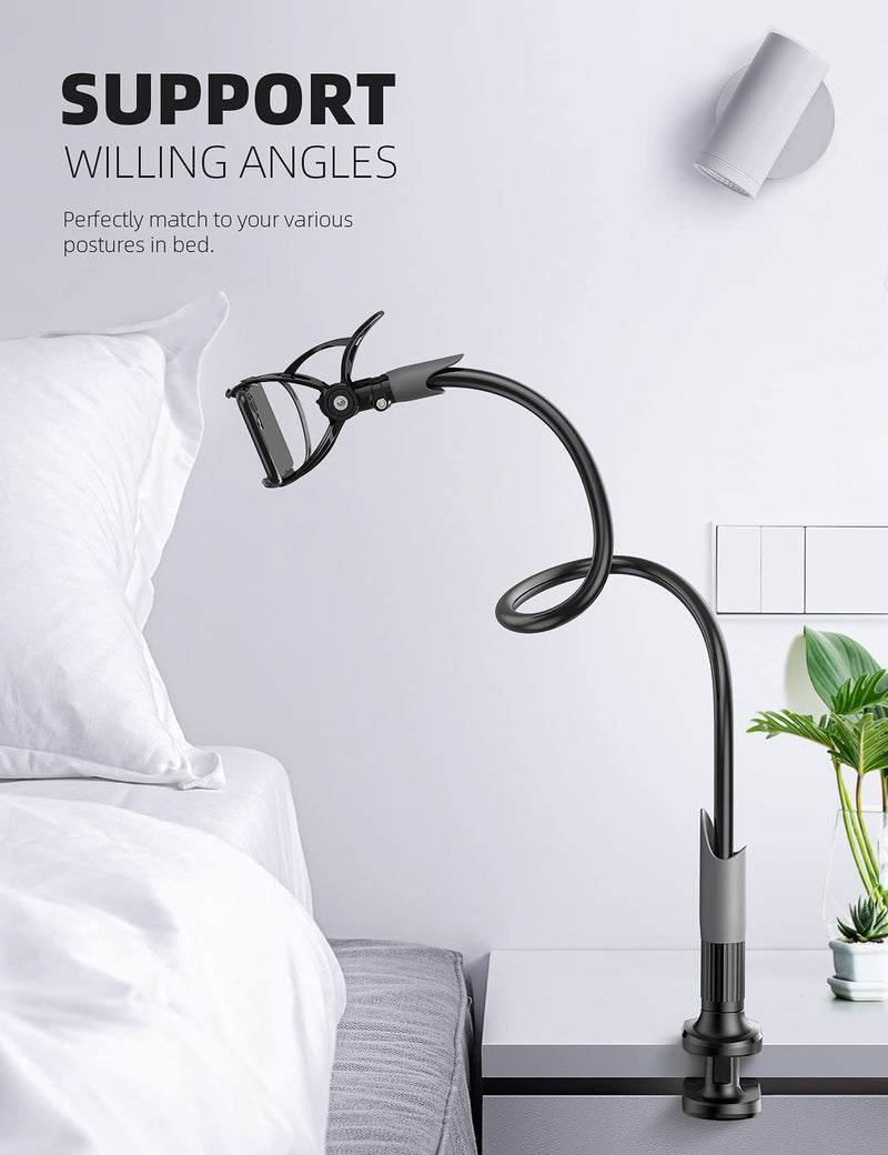 [Australia - AusPower] - Phone Holder Bed Gooseneck Mount - Lamicall Cell Phone Clamp Clip for Desk, Flexible Lazy Long Arm Headboard Bedside, Overhead Mount Stand, Compatible with Phone 12 Mini 11 Pro Xs Max XR X 8 7 6 Plus Black 
