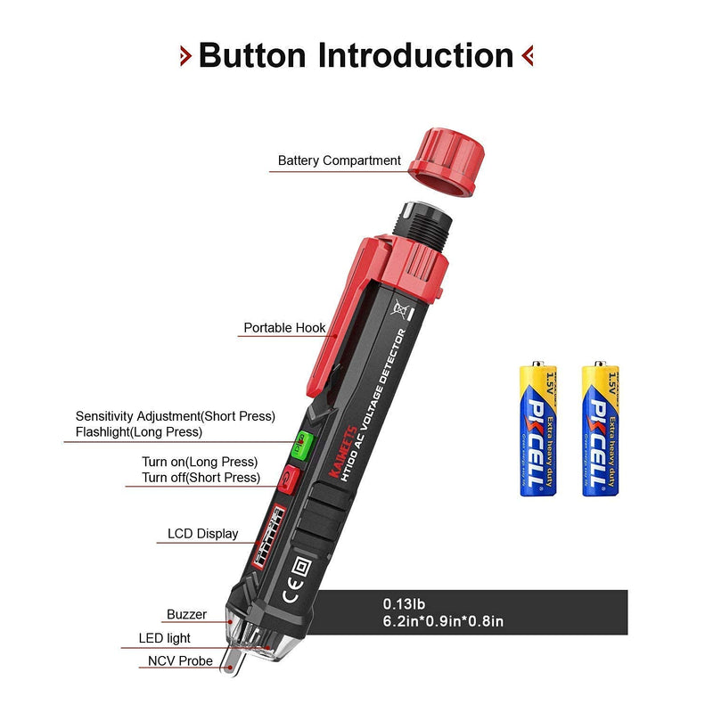 [Australia - AusPower] - KAIWEETS Voltage Tester/Non-Contact Voltage Tester with Dual Range AC 12V-1000V/48V-1000V, Live/Null Wire Tester, Electrical Tester with LCD Display, Buzzer Alarm, Wire Breakpoint Finder-HT100 (Red) Red 