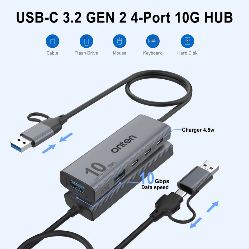 [Australia - AusPower] - Onten 10Gbps USB C Hub,USB C to USB C/A Adapter with USB3.2 GEN2 Speed. USB/USB C Splitter with 2*USBA(10G) 2*USB C(10G).4 Ports USB C Adapter e(Data Transfer only,Not Support Power and Monitor) 