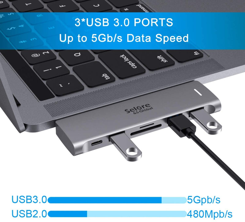 [Australia - AusPower] - USB C Adapter for MacBook Pro/MacBook Air M1 2020 2019 2018 13" 15" 16", 6 in 1 USB-C Hub MacBook Pro Accessories with 3 USB 3.0 Ports,USB C to SD/TF Card Reader and 100W Thunderbolt 3 PD Port 