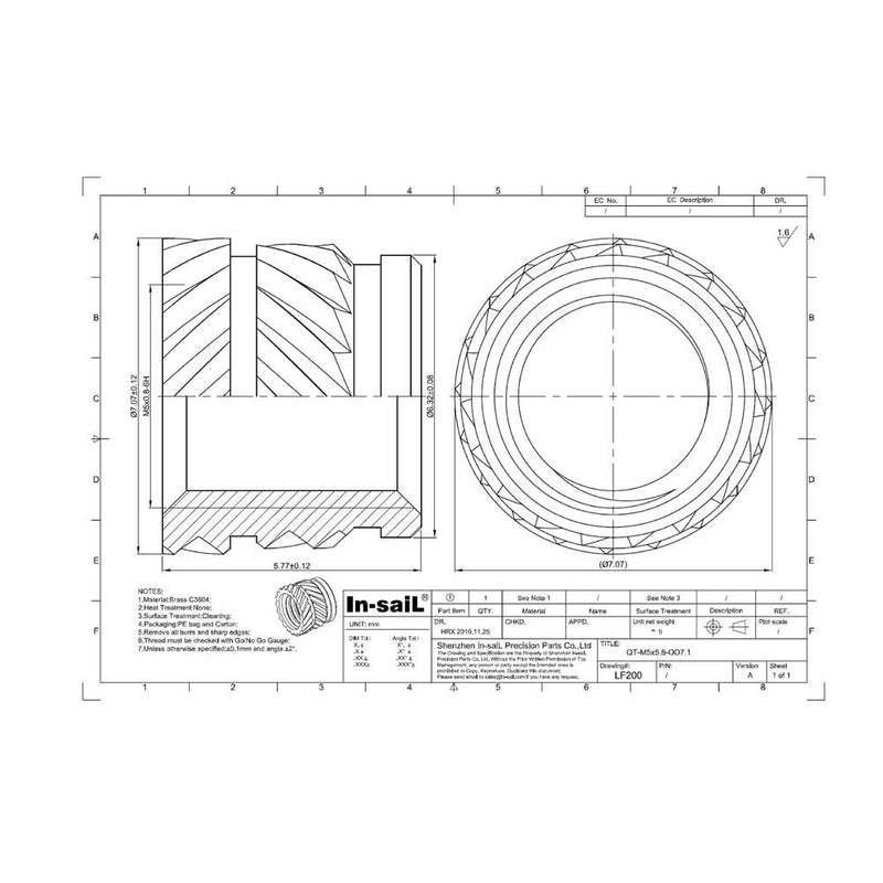 [Australia - AusPower] - in-saiL M5x5.8mm, OD7.1mm 50pcs/Pack Embed Parts Brass Threaded Insert for Plastic Heat Staking C3604 