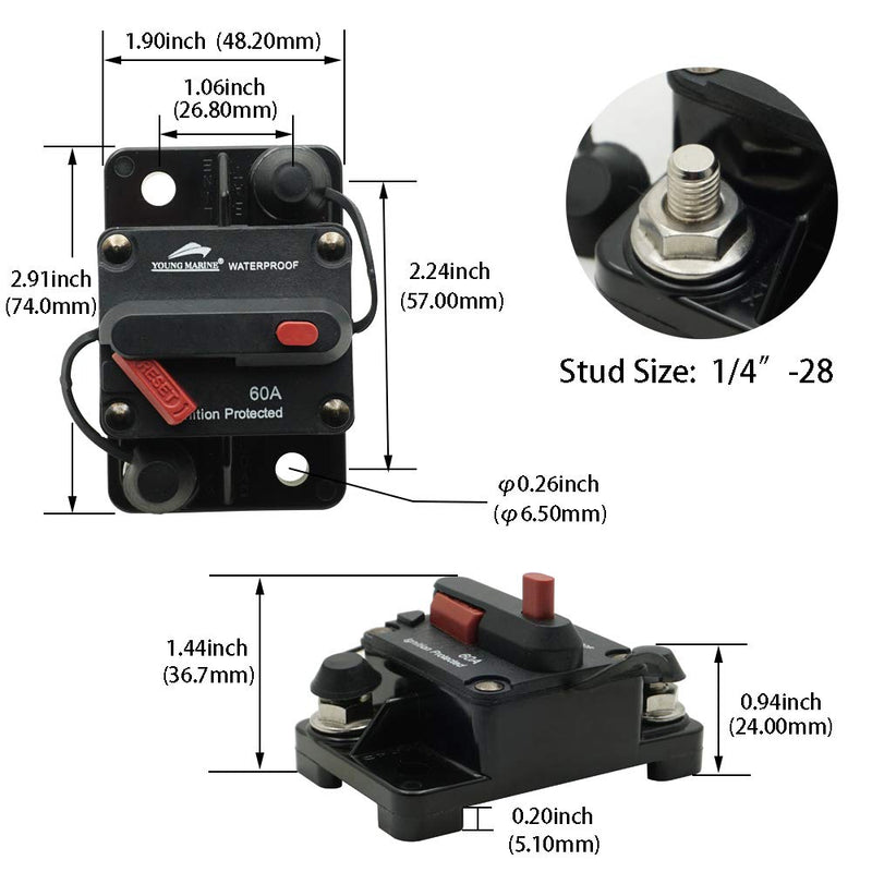 [Australia - AusPower] - YOUNG MARINE Circuit Breaker Trolling with Manual Reset,Water Proof,12V- 48V DC (Surface Mount-100A) 
