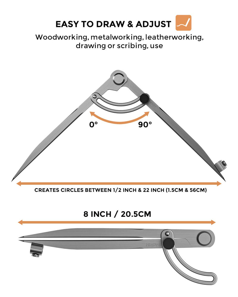 [Australia - AusPower] - Nicpro 8 Inch Compass for Woodworking with Wing and Pencil Holder, Professional Carpenter Pencil Compass Great for Geometry, Drawing, Drafting 
