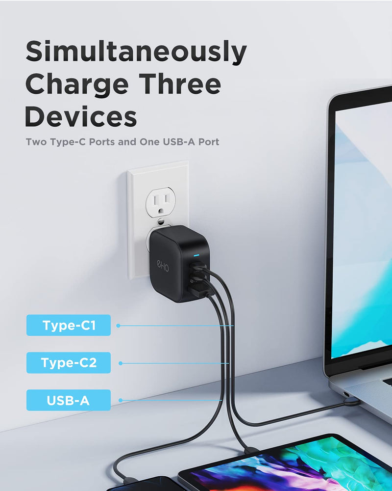 [Australia - AusPower] - USB C Charger, EHO 65W GaN II PPS Fast Charger Adapter, 3-Port Foldable Compact Wall Charger Compatible with MacBook Pro/Air, Galaxy S22/S21, Note 20/10+, iPhone 13/12, iPad Pro, and More, Black 