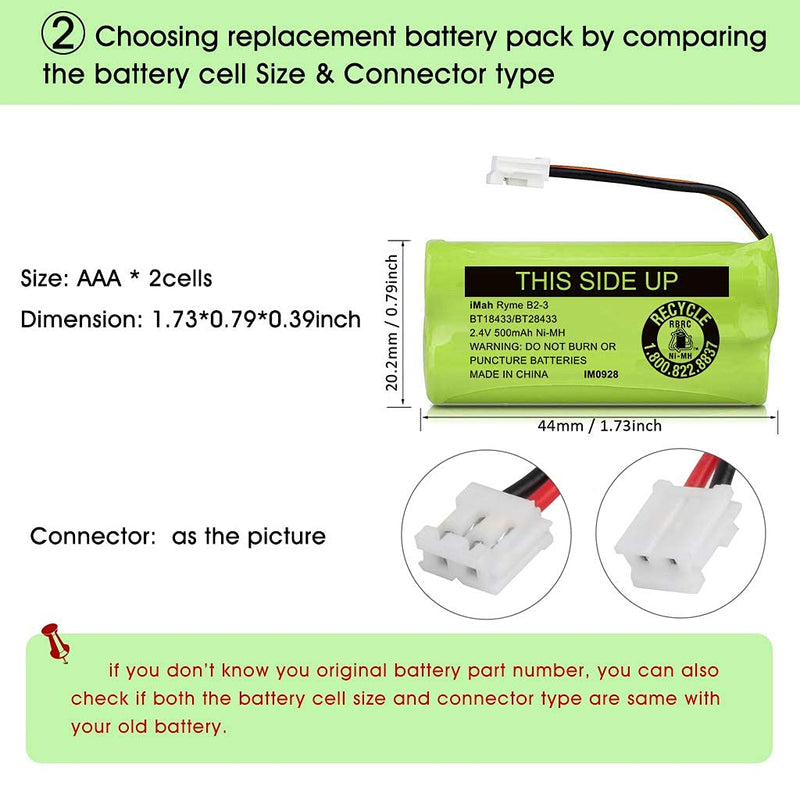 [Australia - AusPower] - iMah BT18433/BT28433 2.4V 500mAh Ni-MH Cordless Phone Battery Pack, Also Compatible with VTech AT&T Telephone Batteries BT184342/BT284342 BT8300 BT1011 BT1018 BT1022 BT1031 2SN-AAA55H-S-J1, Pack of 4 