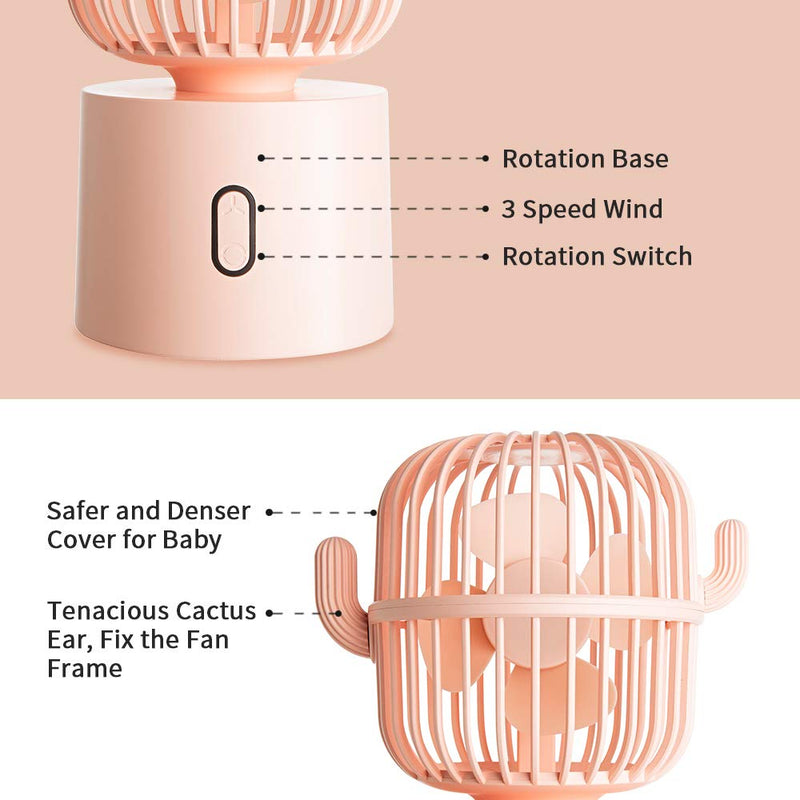[Australia - AusPower] - Small Desktop USB Table Desk Fan Personal Fan, Cactus Mini Handheld Rechargeable 80 Degree Auto Rotation Portable Fans, 3 Speeds Strong Wind, Quiet Operation Fan for Girls Baby Room Home Office Pink 