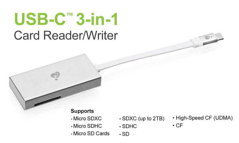 [Australia - AusPower] - IOGEAR Aluminum USB-C 3-In-1 SD Card Reader - UHS-II SDXC Speed 312MB/s Read N 260MB/s Write - SDXC up to 2TB SDHC SD CF High-Speed CF (UDMA) Micro SDXC Micro SDHC Micro SD Cards - GFR3C15 