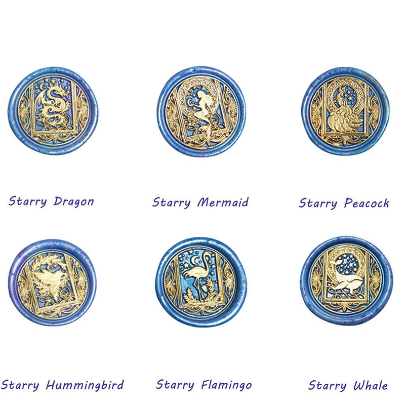[Australia - AusPower] - Afobby Wax Seal Stamp Kit, Animal Wax Seal Stamp Set with 6 PCS Removable Brass Heads and 1 Wooden Handle, Dragon Mermaid Peacock Hummingbird Sealing Wax Stamps for Wedding Invitation Envelopes Animal wax seal stamp kit2 