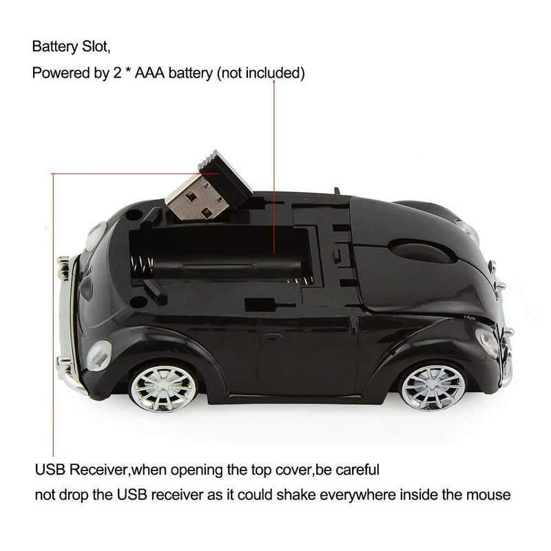 [Australia - AusPower] - ECOiNVA VW Beetle Wireless Sports Car Shape Mouse Mice Computer Laptop PC Optical Mouse 2.4GHz Nano USB AAA Battery Power Glossy Surface LED Light (Black) Black 