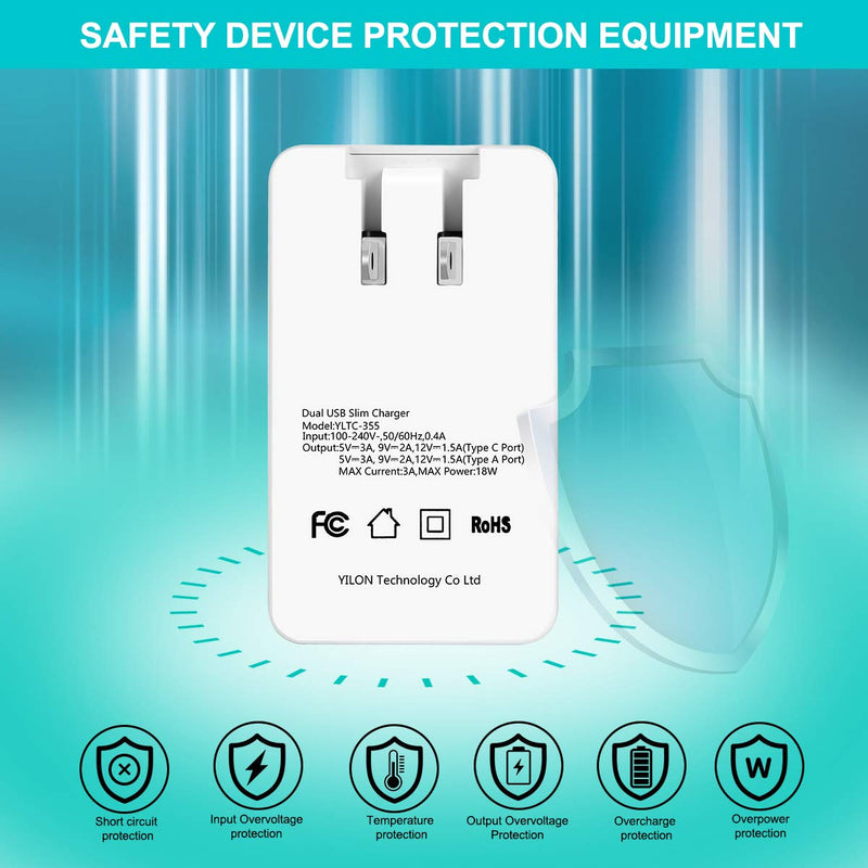 [Australia - AusPower] - YILON Ultrathin-Slim Fast Plug/USB c Fast Charger 2 Port PD Charger/Portable Travel Wall Charger Plug with QC3.0 Port Power for iPhone X/11/12Pro Max,Airpods,Galaxy All Smart Phone USB c 18w Charger white 