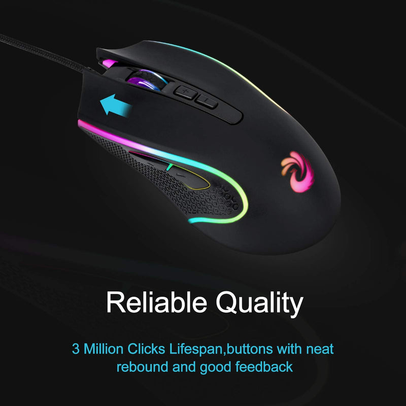 [Australia - AusPower] - Wired Mouse, RGB Optical Computer Mouse, USB Computer Mouse Wired with 7 Buttons, 7200 DPI Adjustable Office and Home Wired Mouse for Laptop Windows PC Desktop Notebook-Black Wired Mouse - Black 