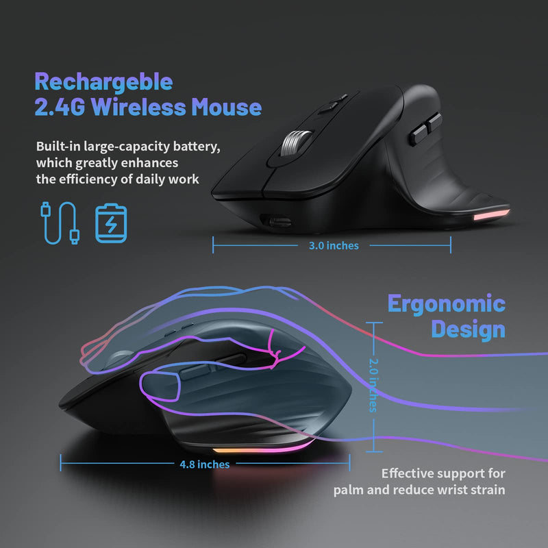 [Australia - AusPower] - CIDOO Ergonomic Wireless Mouse RGB Backlit, Jiggler Mouse with Zoom Mode, Undetectable Automatic Mouse Mover, Rechargeable Cordless USB Magnifier Mouse for Laptop, Desktop, MacBook (Black) Ergo Black 