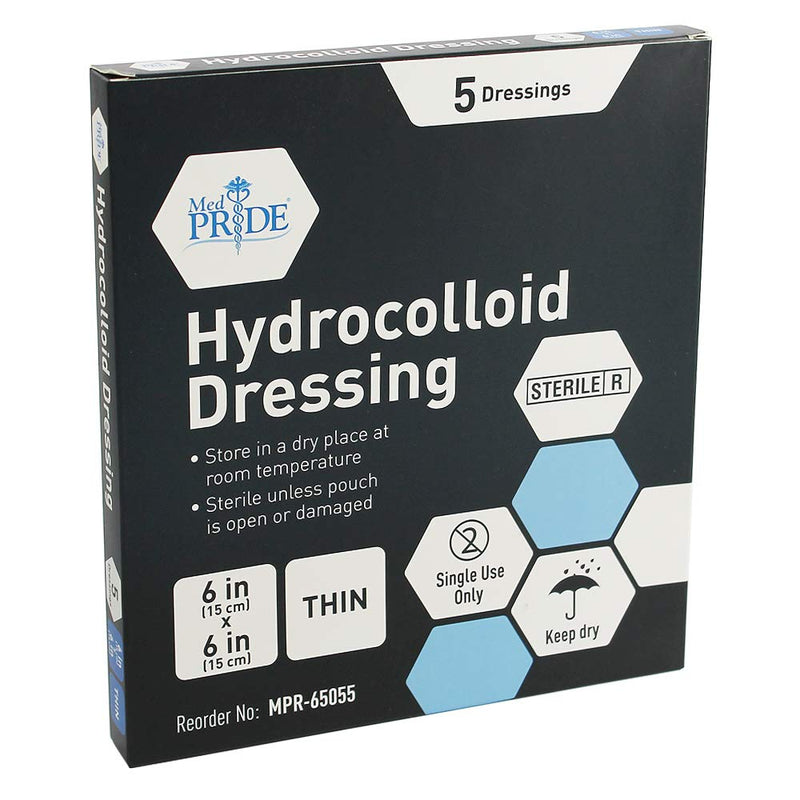 [Australia - AusPower] - Med PRIDE Hydrocolloid Wound Dressing Pads| 5-Pack, 6inch by 6inch Sterile Adhesive Patches| Individually Packed, Highly Absorbent, Water-Resistant & Comfortable| Stays On for Multiple Days 6'' x 6'' Thin 