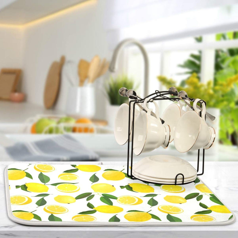 [Australia - AusPower] - Harooni Lemon Dish Drying Mat - Yellow Lemon Leaves Heat Resistant Drying Mat for Kitchen Countertop Home Decoration 16 x 18 Inch 16x18inch 