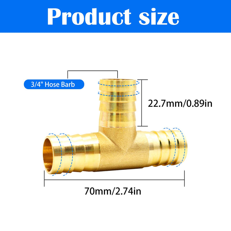 [Australia - AusPower] - Tnuocke 2pcs 3/4" Brass Tee Barb Fittings,3 Way Union Intersection Fitting T Shape Barbed Splitter Fitting Splicer with Hose Clamps for Water Fuel Air H-058-3/4 Tee-3/4-2PCS 