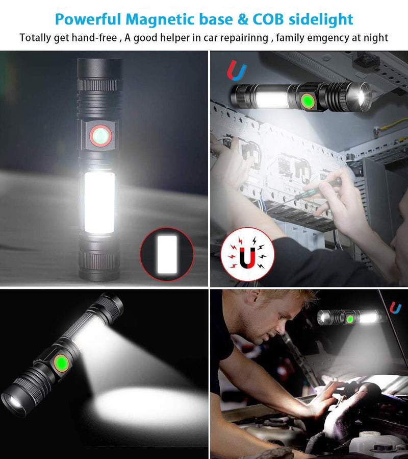 [Australia - AusPower] - Hoxida Rechargeable Flashlight(Battery Included), Magnetic LED Flashlight with COB sidelight, 1200 Lumen Super Bright LED, Waterproof, Zoomable, 4 Modes Best Flashlight for Camping, Emergency 