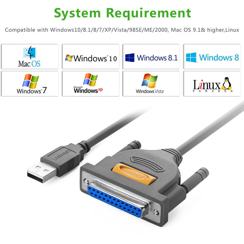 [Australia - AusPower] - UGREEN USB to DB25 Parallel Printer Cable Adapter 6FT Male to Female Connector IEEE 1284 Converter for PC Desktop Laptop Support Windows Mac OS Linux, 6 FT 