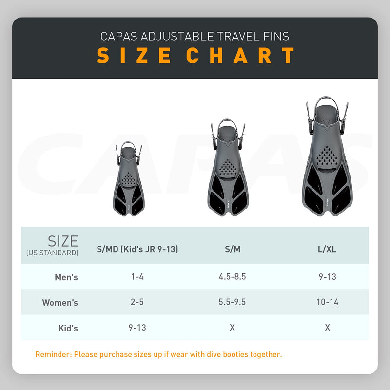 [Australia - AusPower] - CAPAS Swim Fins, Snorkel Fins with Travel Size Short Fins for Snorkeling Diving Adjustable Open Heel Flippers for Men Women Youth Black Kids JR 9-13 S/MD 