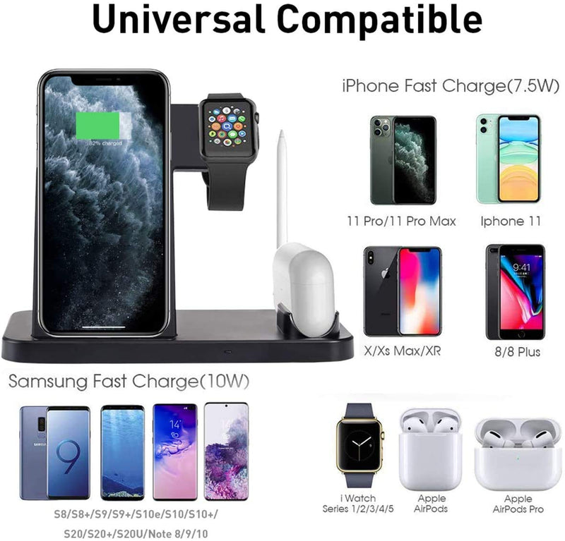 [Australia - AusPower] - AICase 4 in 1 Wireless Charger, iWatch & A irPods & Pencil Charging Dock Station, Nightstand Mode for iWatch Series 5/4/3/2/1, Fast Charging for Phone 11/11 Pro Max/XR/XS Max/Xs/X/8 Plus/8 (Black) 