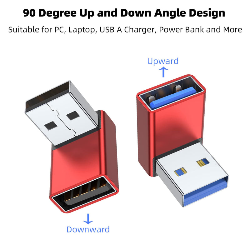 [Australia - AusPower] - AreMe 90 Degree USB 3.0 Adapter 2 Pack, Up and Down Angle USB A Male to Female Converter Extender for PC, Laptop, USB A Charger, Power Bank and More (Red) Up/Down Red 