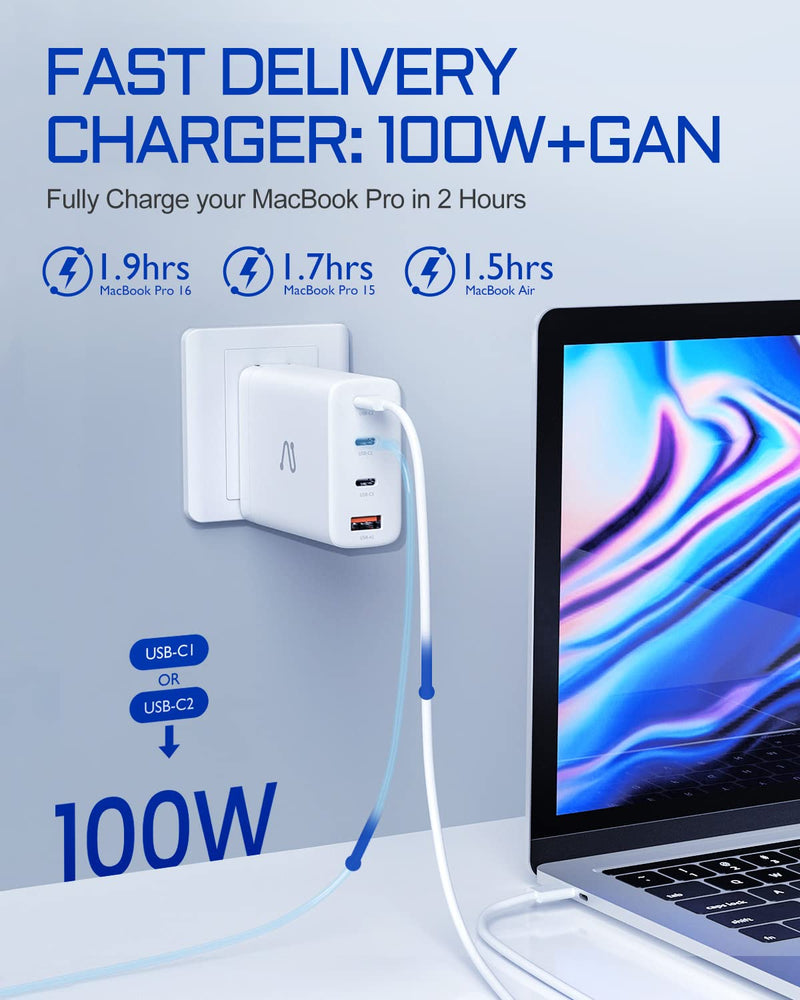 [Australia - AusPower] - USB C Wall Charger, Aergiatech 100W PD PPS GAN Fast Charger 4-Port, Foldable Travel USB C Charger Block, Type C Power Adapter for MacBook, iPad Pro, iPhone, Galaxy S22+/S22 Ultra, Pixel, Laptop, White 