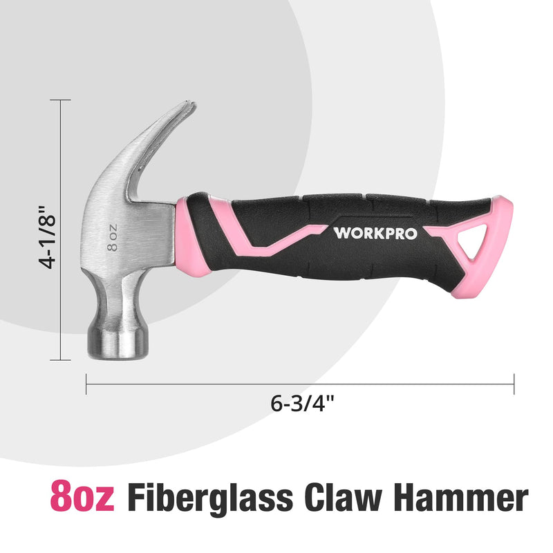 [Australia - AusPower] - WORKPRO 8 oz Claw Hammer with Fiberglass Handle, All Purpose Hammer with Forged Hardened Steel Head, Smooth Face & Shock Reduction Grip, Pink 8oz Pink 