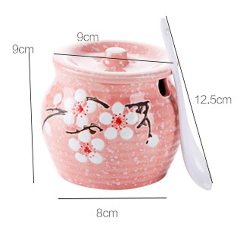 [Australia - AusPower] - Ceramics Japanese Flower Sugar Bowl Seasoning Pot Salt Pepper Storage Jar with Lid And Spoon Blue 