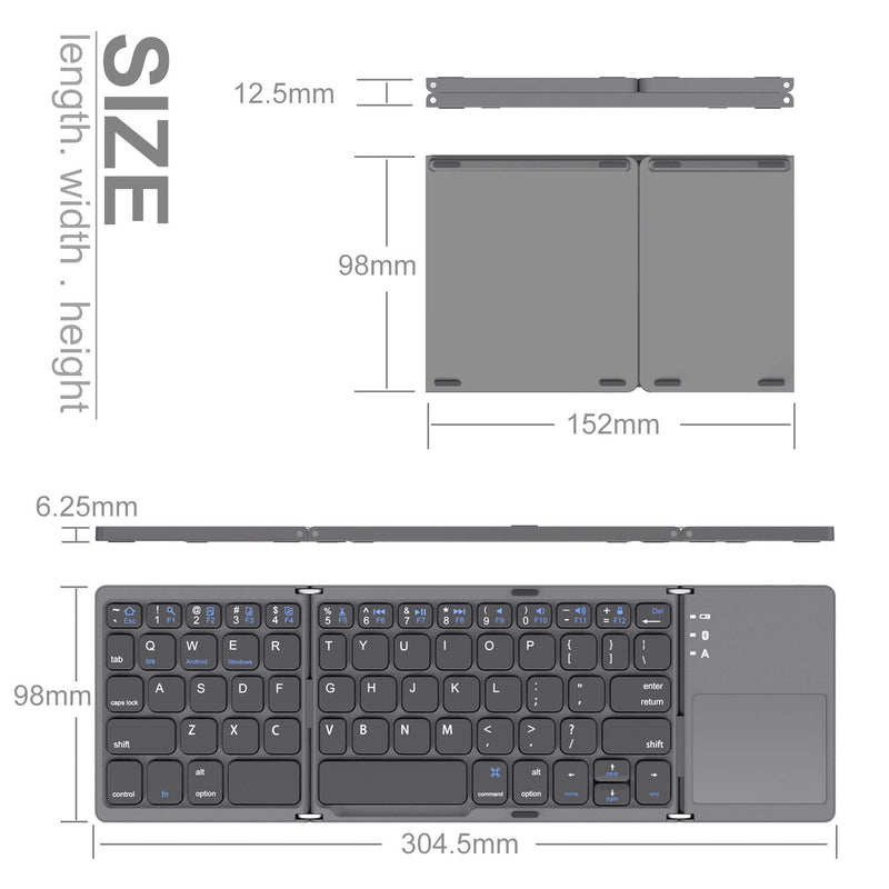 [Australia - AusPower] - Foldable Bluetooth Keyboard, Gimibox Pocket Size Portable Mini BT Wireless Keyboard with Touchpad for Android, Windows, PC, Tablet, with Rechargeable Li-ion Battery-Dark Gray 