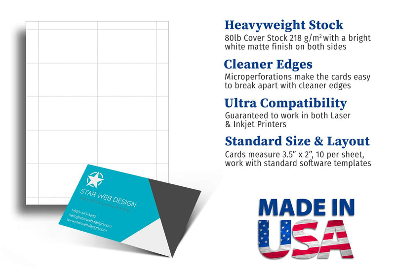[Australia - AusPower] - Heavyweight White Blank Business Card Paper - 20 Sheets / 200 Business Cards - 80lb Cover / 218 GSM - Inkjet & Laser Printer Compatible - Standard 3.5 x 2 Inches 