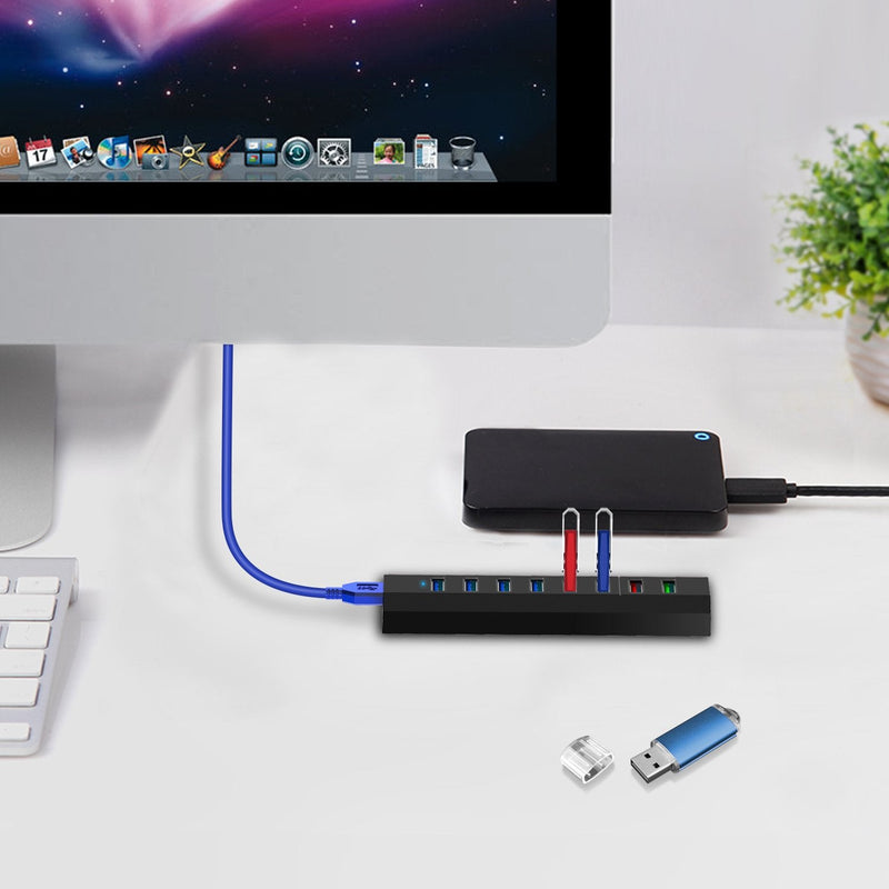 [Australia - AusPower] - 8-Port USB Hub, RAOYI USB Hub 3.0 Powered, 6 Port USB 3.0 Data Hub with 12V Power Adapter, 3.3ft USB Cable for MacBook, Mouse, Laptop, PC, USB Flash Drives, HDD Hard Drive (Black) Black 