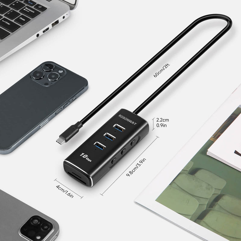 [Australia - AusPower] - Rosonway 5 in 1 USB C Hub with 3 USB 3.2 10Gbps Data Ports, SD/TF Card Readers, 2ft Cable and Individual Switches, for PC, Laptops, M1 Mac Mini, iMac, MacBook Pro/Air, RSH-A104D 