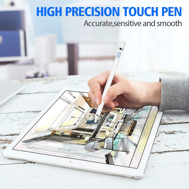 [Australia - AusPower] - Active Stylus Compatible with Apple iPad, Stylus Pens for Touch Screens,Rechargeable Capacitive 1.5mm Fine Point with iPhone iPad and Other Tablets (White) White 