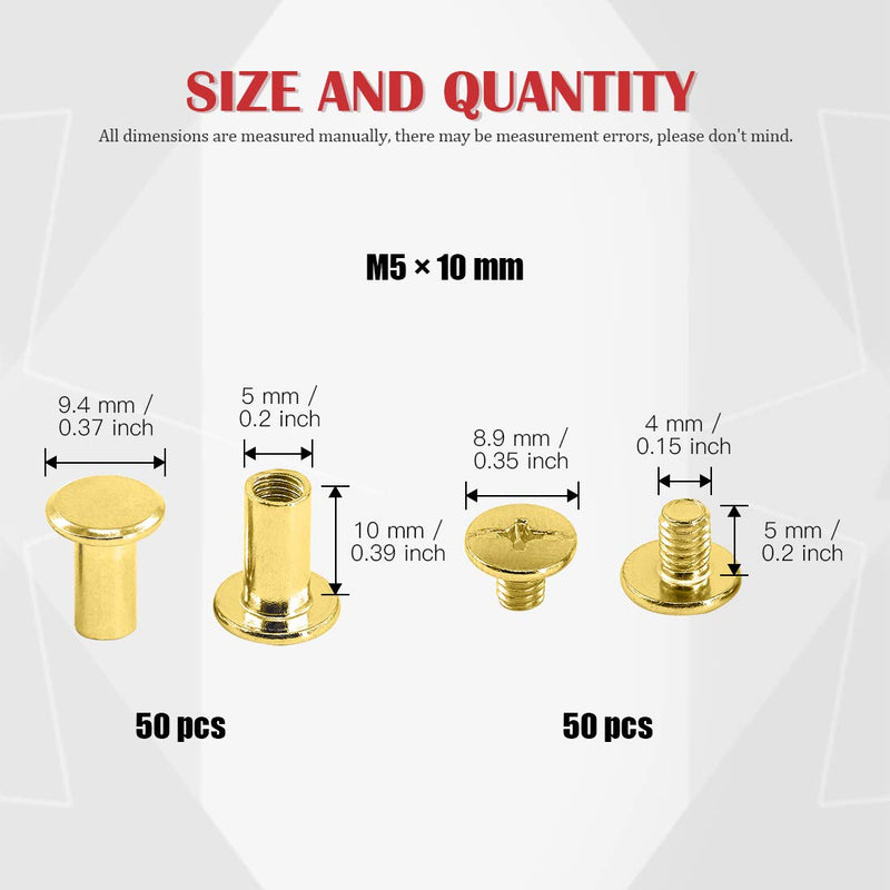 [Australia - AusPower] - Hilitchi 50-Sets M5 Brass Plated Phillips Chicago Screw Posts Binding Screws Assortment Kit for Scrapbook Photo Albums Binding, Leather Repair - Gold (M5 x 10mm-50Sets) M5 x 10mm-50Sets 