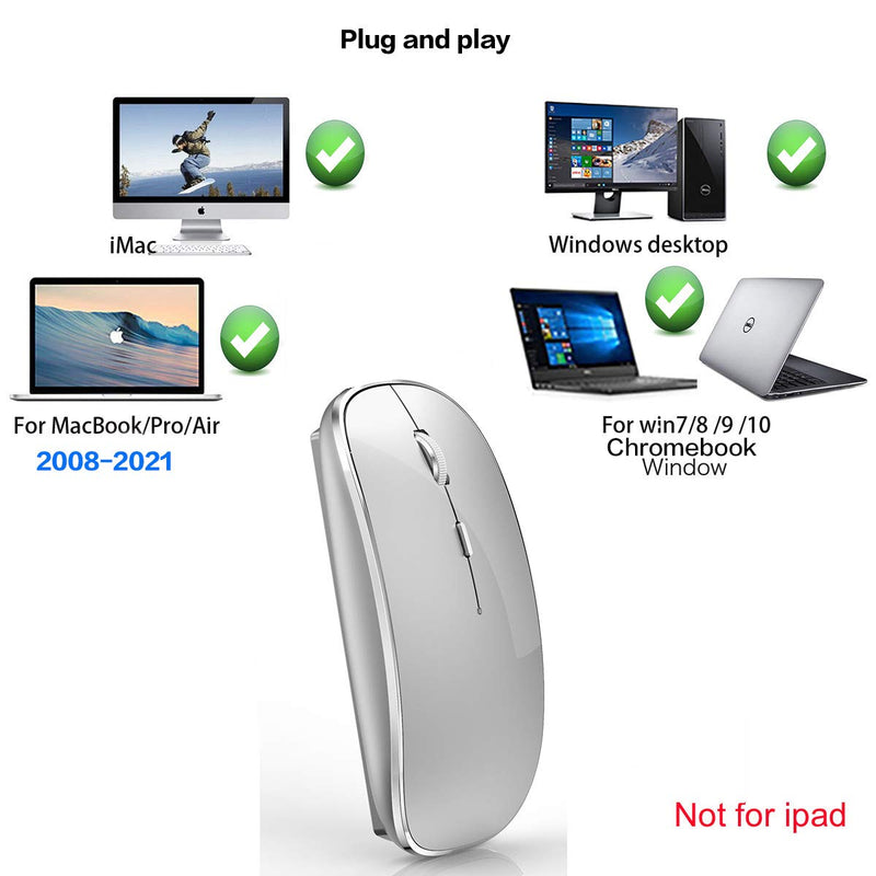 [Australia - AusPower] - Rechargeable Wireless Mouse for Mac Wireless Mouse for Laptop iMac MacBook Pro MacBook Air Desktop Computer Chromebook Windows (Silver) silver 