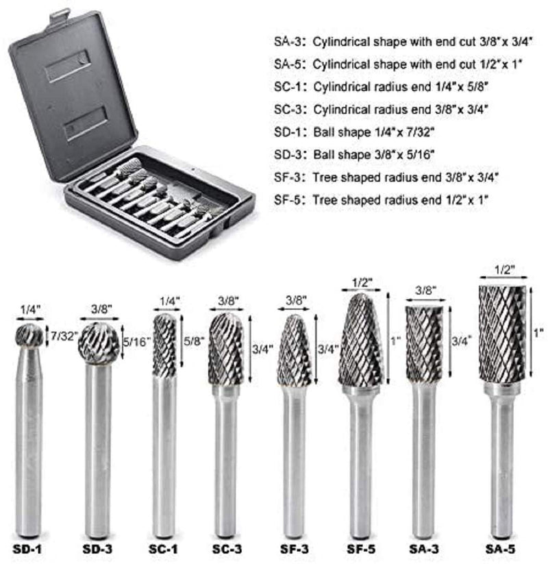 [Australia - AusPower] - YUFUTOL Carbide Burr Set with 1/4''(6.35mm) Shank 8pcs Double Cut Solid Carbide Rotary Burr Set for Die Grinder Drill, Metal Wood Carving, Engraving,Polishing,Drilling 