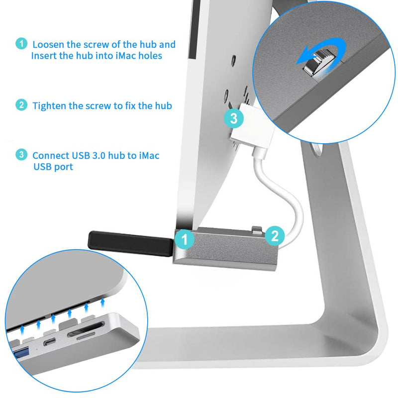 [Australia - AusPower] - iMac Memory Card Reader, Rocketek Aluminum 3-Port USB 3.0 Hub Adapter with USB-C Data Port, 2 USB 3.0 Port, SD/Micro SD Card Reader Combo USB 3.0 Clamp Hub Pro - Compatible with 2017 iMac and iMac Pro 