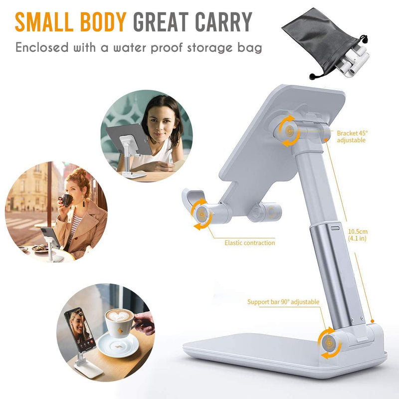 [Australia - AusPower] - airtrot Portable Cell Phone Stand for Desk, Full Foldable Phone Holder with Adjustable Height and Angle Sturdy and Compatible with All Phones, Switch and Tablets (Smaller Than 9.7 inch), White 
