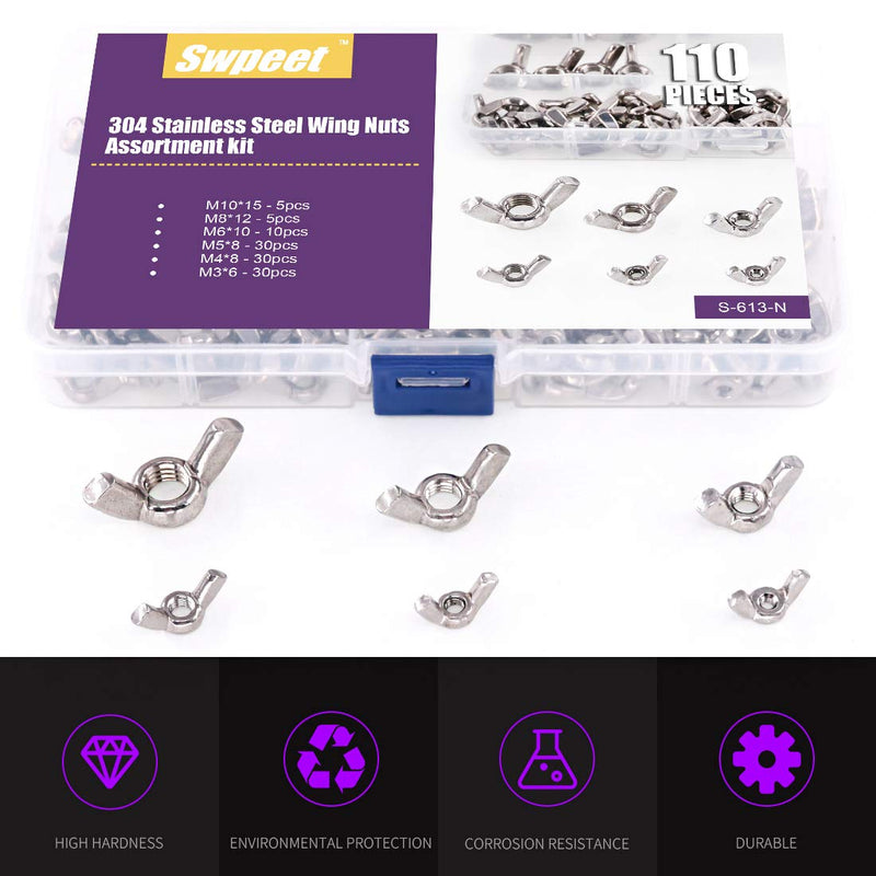 [Australia - AusPower] - 110Pcs 304 Stainless Steel Serrated Metric Wing Nuts Butterfly Nuts Hex Dome Cap Assortment Kit, 6 Sizes - M3 M4 M5 M6 M8 M10 