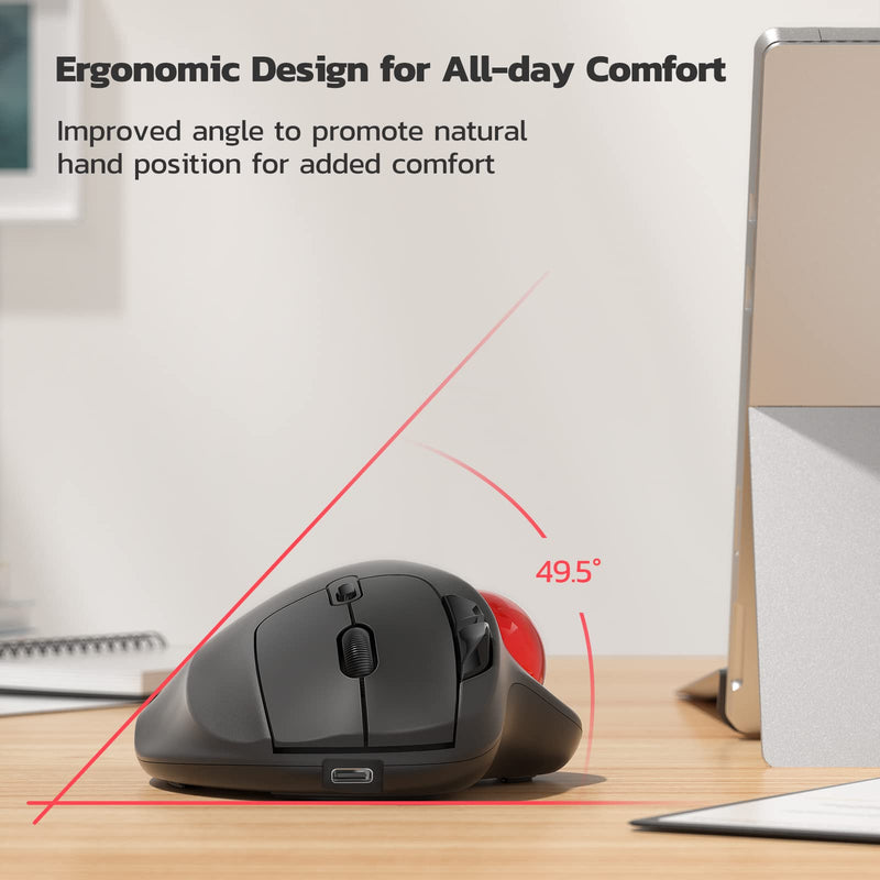 [Australia - AusPower] - Wireless Trackball Mouse, Rechargeable Ergonomic Mouse, Easy Thumb Control, Precise & Smooth Tracking, 3 Device Connection (Bluetooth or USB), Compatible for PC, Laptop, iPad, Mac, Windows, Android A-Red 