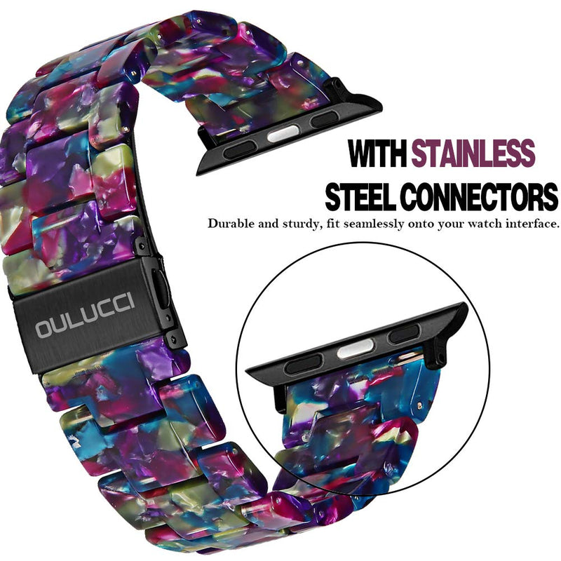 [Australia - AusPower] - OULUCCI Compatible with Apple Watch Bands 41mm 40mm 38mm 45mm 44mm 42mm, Fashion Resin iWatch Bands Bracelet with Stainless Steel Buckle for Apple Watch Series 7/ 6 / SE / 5/4, Series 3 2 1 (Flower Purple Green, 38mm/40mm) Flower Purple Green 