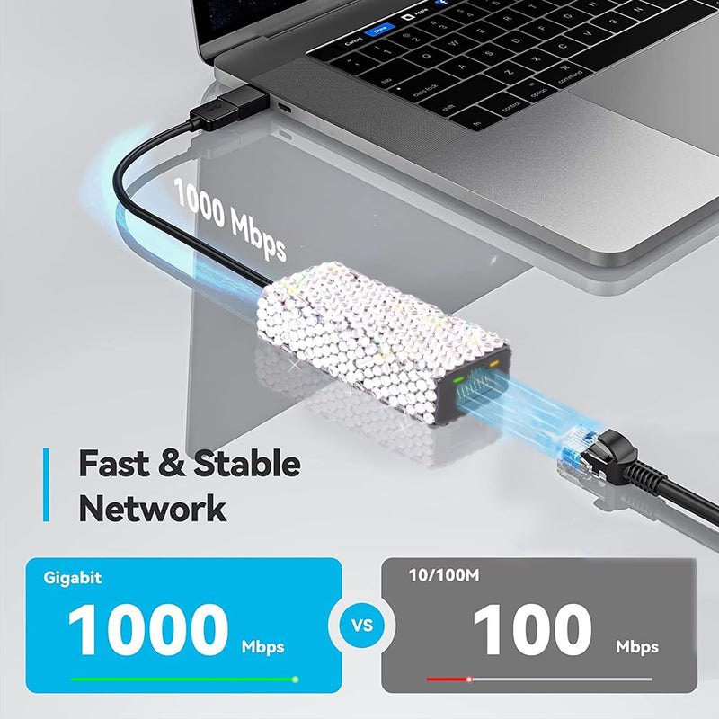 [Australia - AusPower] - USB 3.0 to Gigabit Ethernet Adapter Bling Bling Rhinestone Diamond- 10/100/1000 NIC Network Converter USB A to RJ45 LAN Adapter 