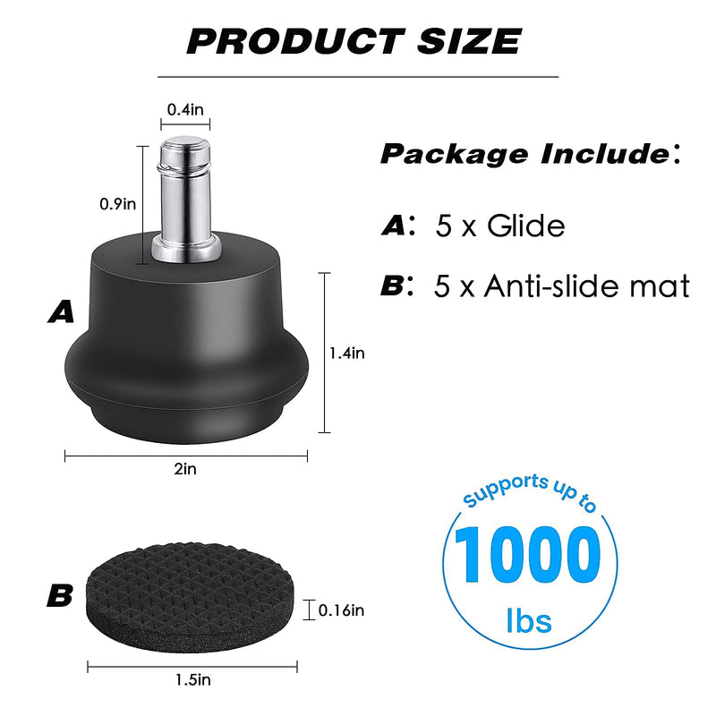 [Australia - AusPower] - Bell Glides Replacement Office Chair or Stool Swivel Caster Wheels to Fixed Stationary Castors, Office Chair Wheels for Carpet - with Separate Self Adhesive Felt Pads/Chair Feet Wheel Stopper 