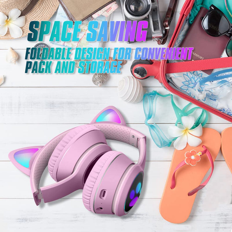 [Australia - AusPower] - Mokata Gaming Bluetooth 5.0 Wireless Headphones Over Ear Cat LED Light Foldable Music Headset with AUX 3.5mm Microphone (Built-in) for Adult & Kids PC TV Game Music Pad Laptop Cellphone Pink Bluetooth Wireless 