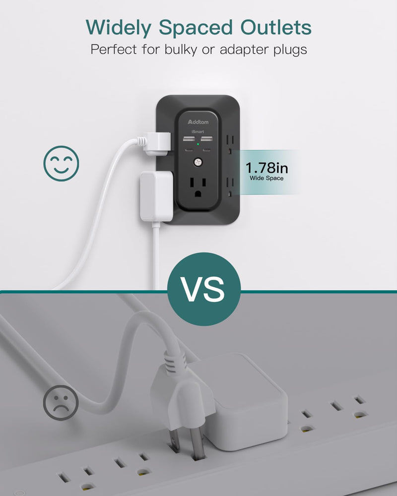 [Australia - AusPower] - Surge Protector Outlet Extender - Addtam 5-Outlet Splitter with 4 USB Wall Charger(2 USB-C Ports), Multi Plug Outlet Power Strip for Home, Dorm Room Essentials, Black 2C2A 
